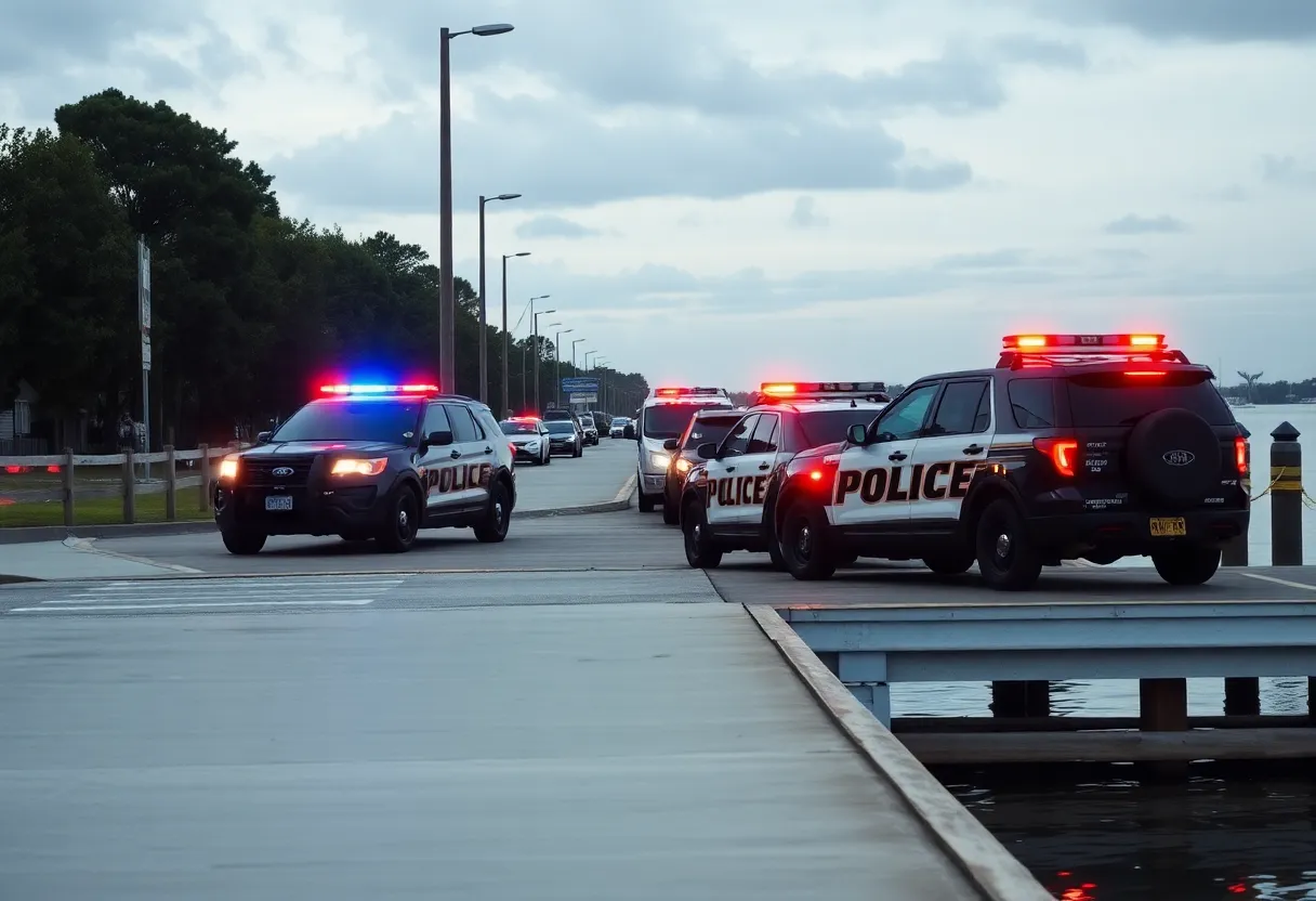 Police vehicles at a boat ramp in Jacksonville during a standoff