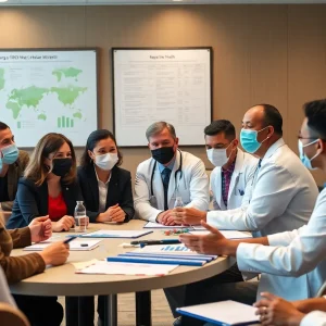 Diverse medical professionals discussing vaccination statistics