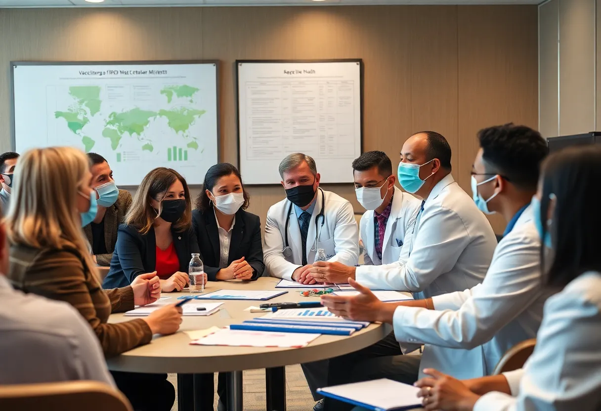 Diverse medical professionals discussing vaccination statistics