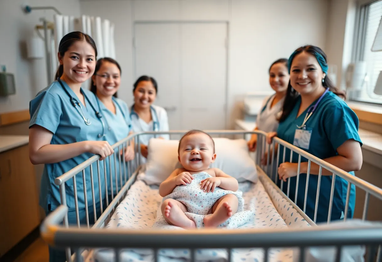 A large newborn baby in a hospital crib with attentive nurses.