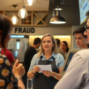 A busy restaurant interior where management is reviewing financial practices.