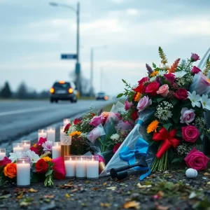 Memorial site with flowers for a roadside accident victim.