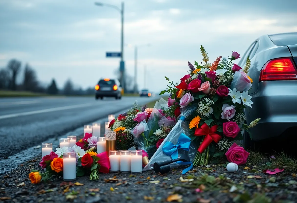 Memorial site with flowers for a roadside accident victim.
