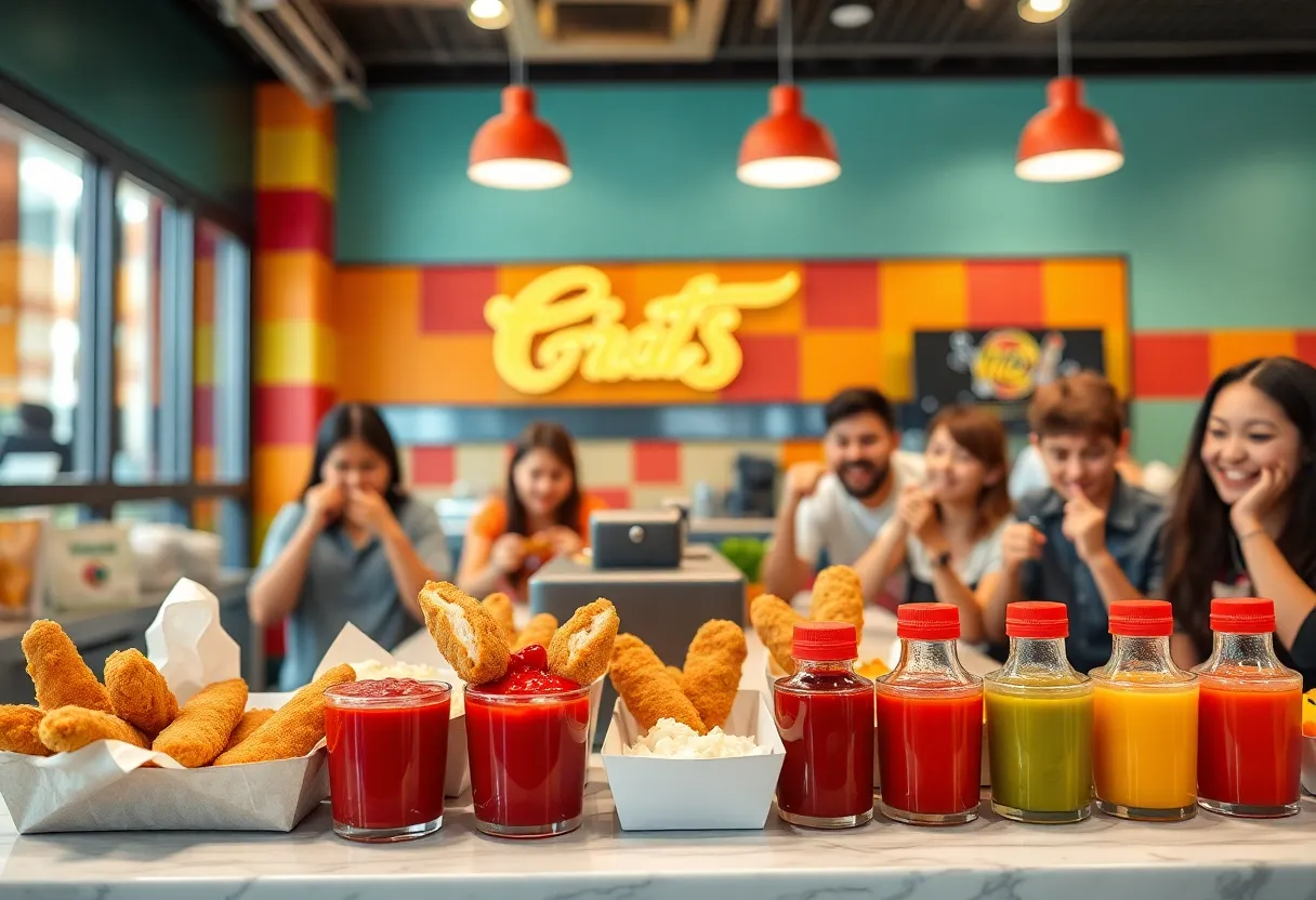Interior view of Saucy by KFC with chicken tenders and sauces