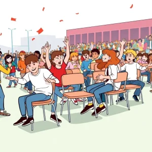 A school pep rally scene with students playing musical chairs and a focus on safety.
