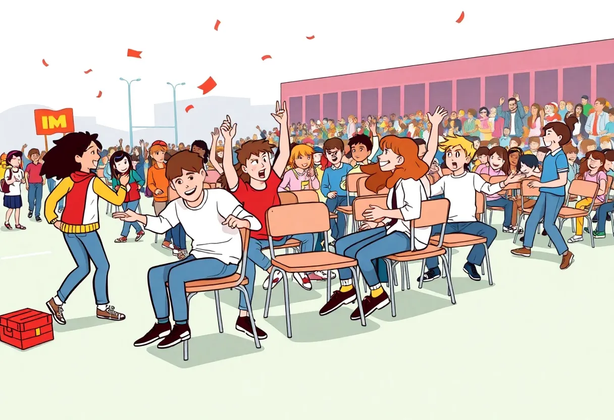 A school pep rally scene with students playing musical chairs and a focus on safety.