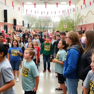 A lively pep rally at a school showing students and teachers engaged in activities.
