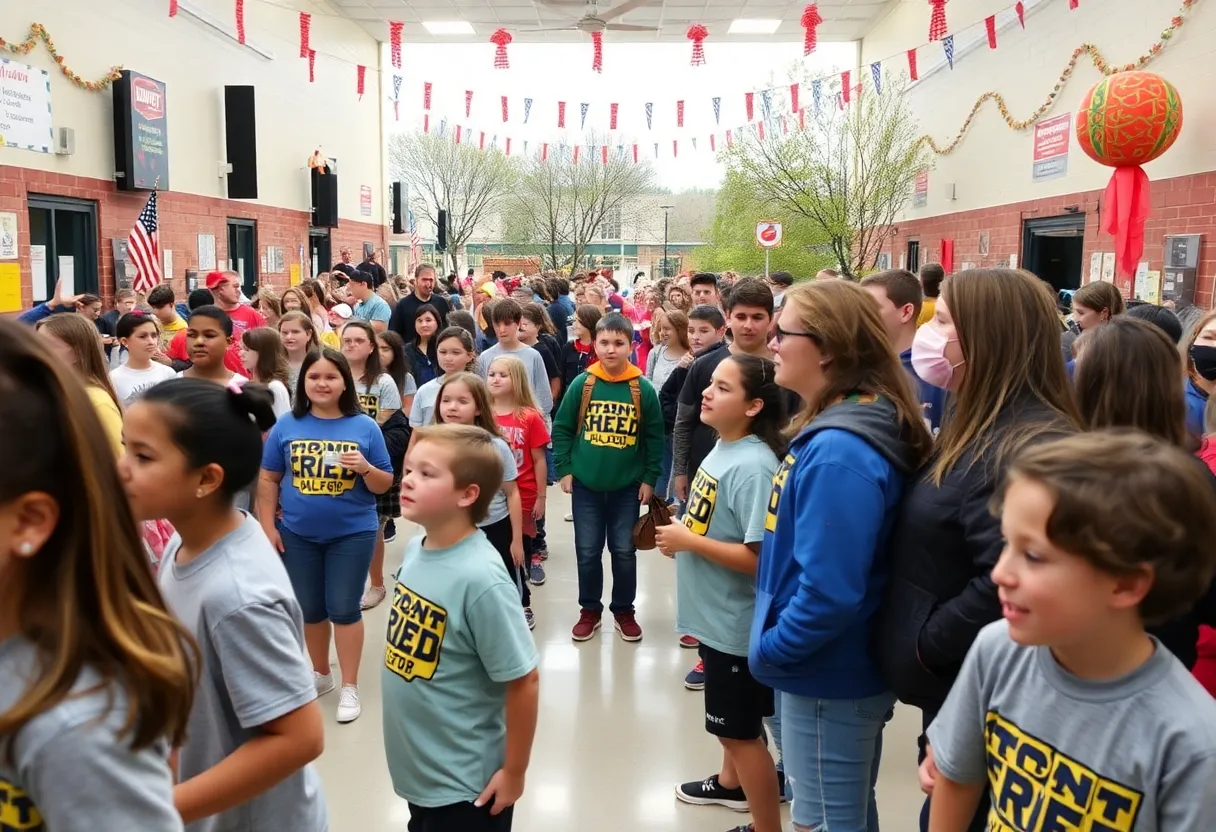 A lively pep rally at a school showing students and teachers engaged in activities.