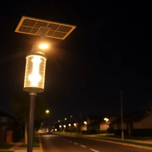 A solar-powered streetlight illuminating a street in Jacksonville at night.
