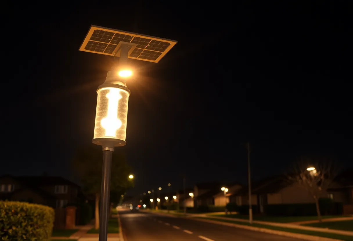 A solar-powered streetlight illuminating a street in Jacksonville at night.