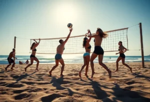 Beach volleyball players in action representing South Carolina University.