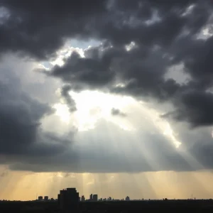 Dramatic storm clouds over Jacksonville city skyline