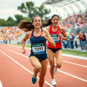 Two female track athletes running a relay race, symbolizing teamwork and resilience.