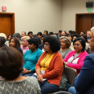 Residents participating in a town hall meeting in Jacksonville discussing budget issues.