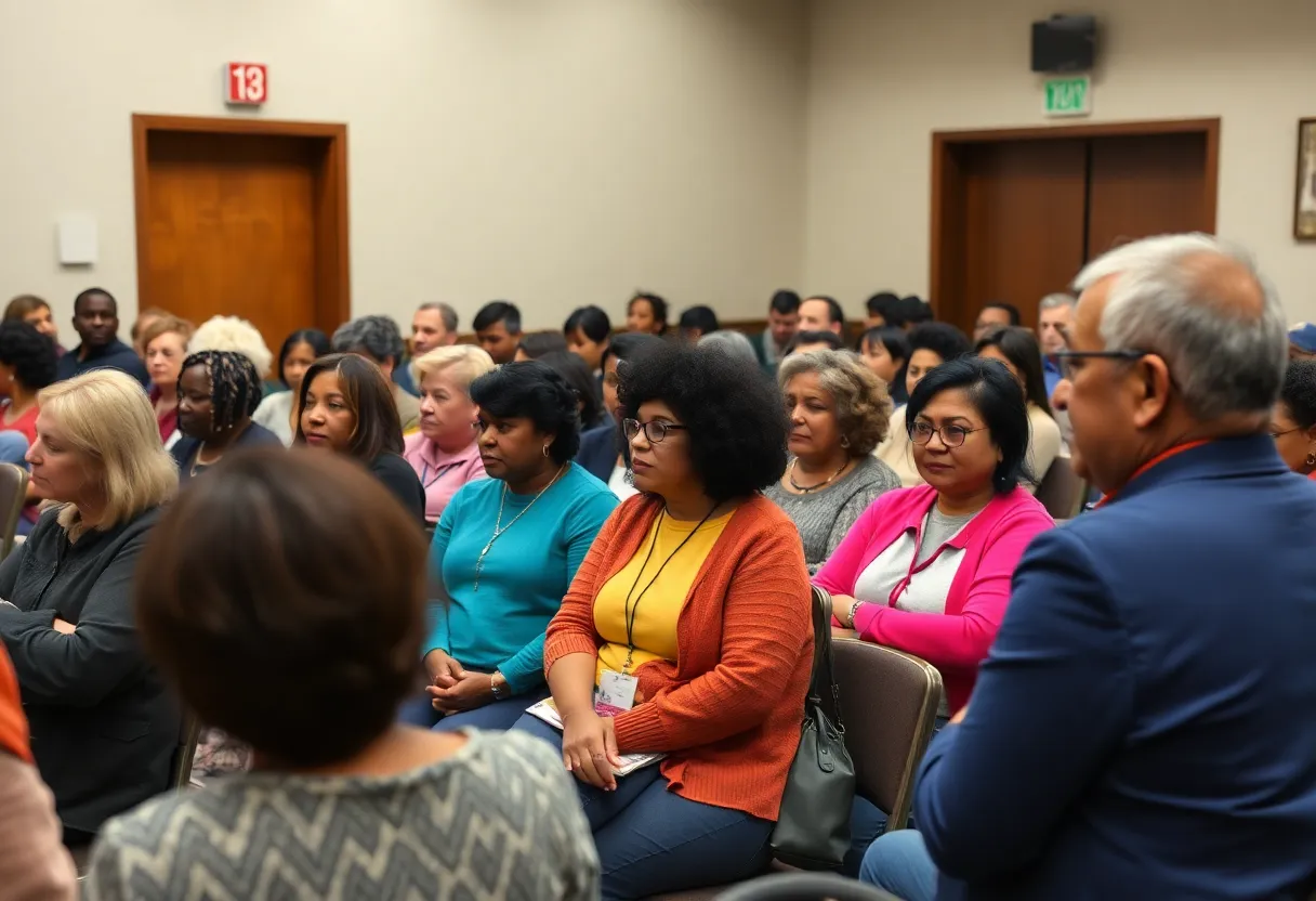 Residents participating in a town hall meeting in Jacksonville discussing budget issues.