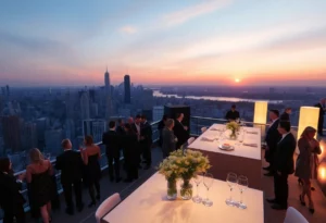 High-rise awards ceremony with a city skyline view at sunset