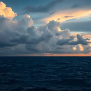 View of the Atlantic Ocean showing cloud formations indicating a developing tropical storm