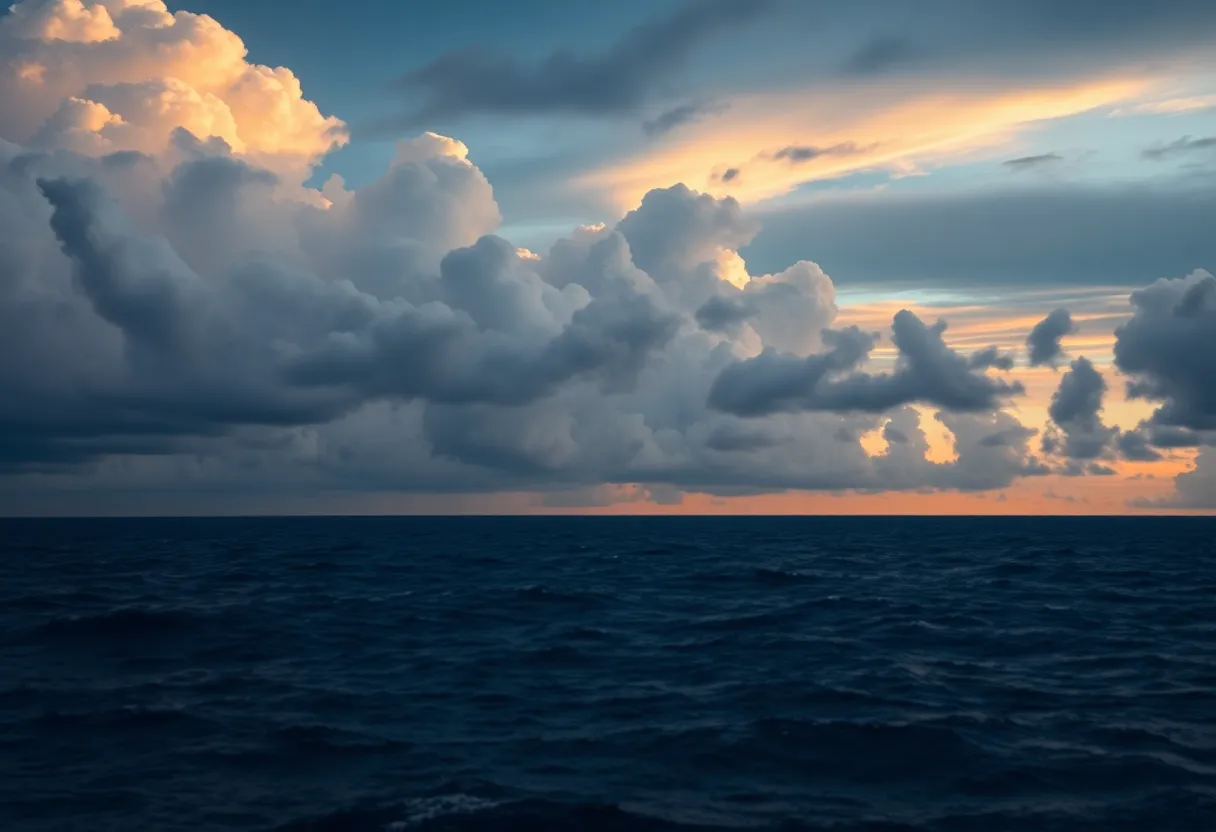 View of the Atlantic Ocean showing cloud formations indicating a developing tropical storm