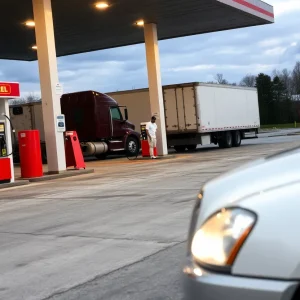 Scene of a truck stop highlighting child safety issues