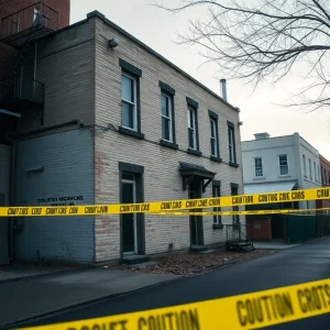 Vacant building with caution tape indicating a crime scene.