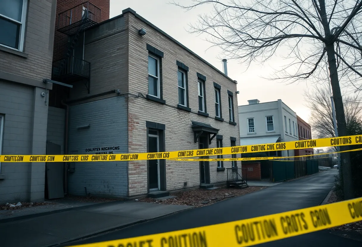 Vacant building with caution tape indicating a crime scene.