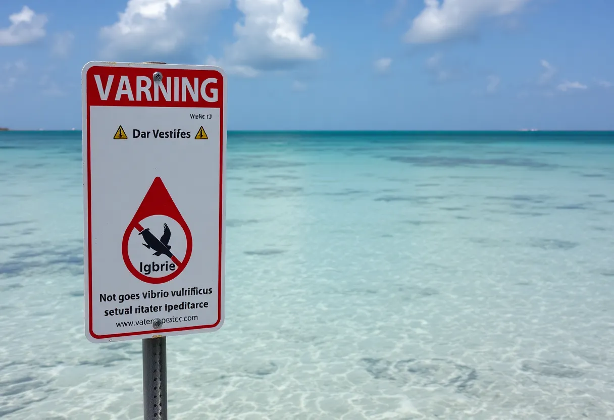 Coastal waters in Florida with a warning sign about Vibrio vulnificus