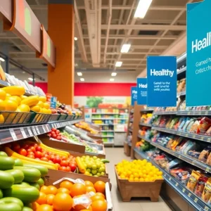 Winn-Dixie grocery aisle with healthy snacks and fruits