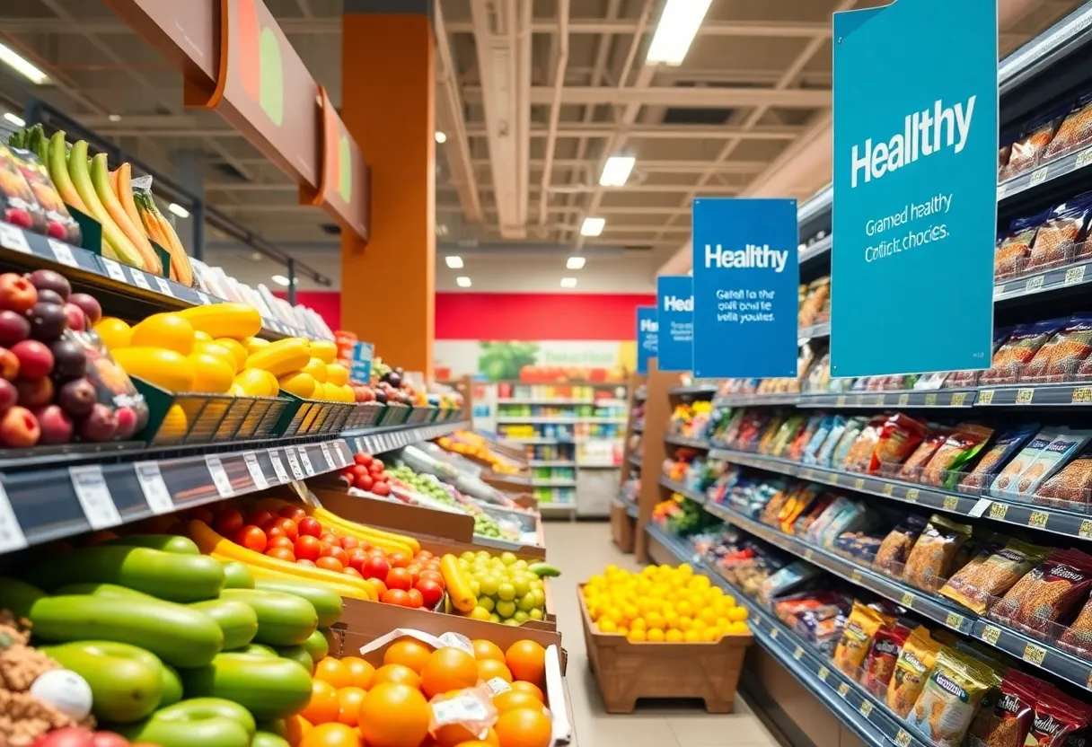 Winn-Dixie grocery aisle with healthy snacks and fruits