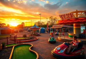 Families enjoying attractions at Adventure Landing amusement park