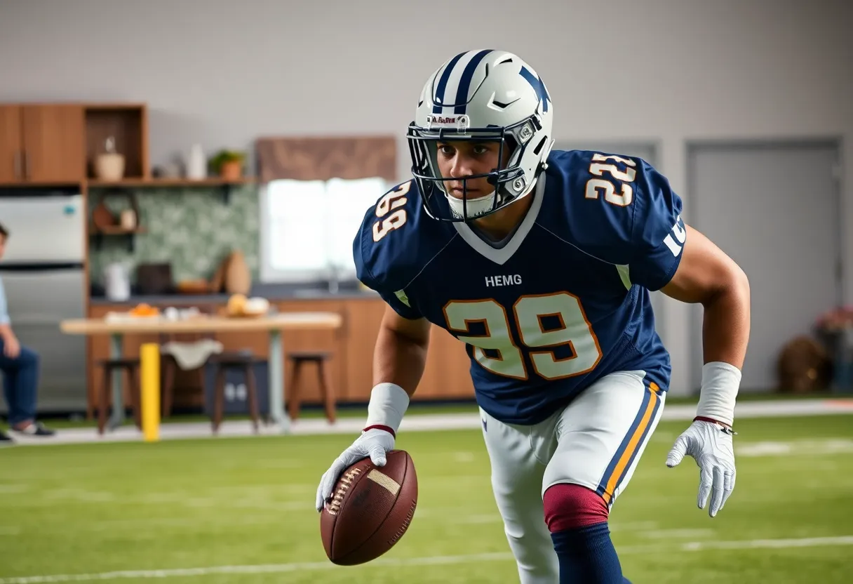 Football player Anton Harrison practicing on the field
