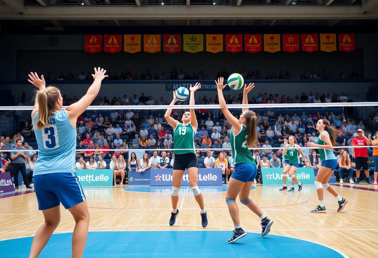 Volleyball players in action during a match at Austin Peay