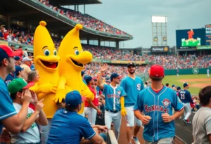 Exciting atmosphere of a Banana Ball game in Jacksonville with fans and players.