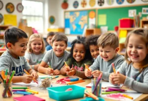 Students in a colorful classroom engaged in learning