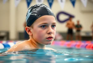 A young competitive swimmer at a swim meet