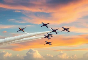 Aerial display of jet planes flying in formation