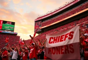 Excited Kansas City Chiefs fans cheering in the stands at TIAA Bank Field.