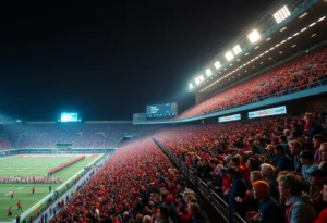 A dynamic football scene during a night game with cheering fans.