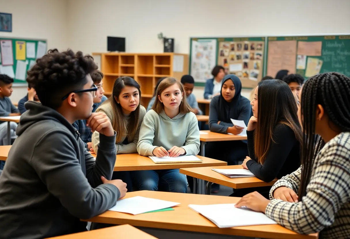 Students participating in a classroom discussion about free speech.