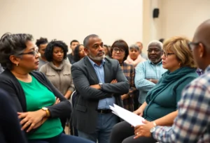 Residents voicing concerns at a community meeting about the proposed apartment complex in Jacksonville.