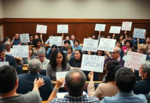 Community members rallying for a teacher's reinstatement at a school board meeting.