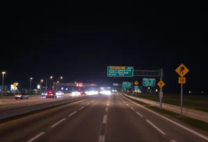 Lane closures on Interstate 10 in Jacksonville during nighttime construction.