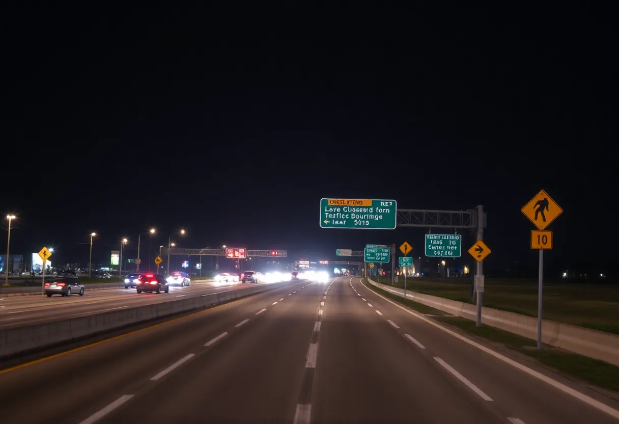 Lane closures on Interstate 10 in Jacksonville during nighttime construction.