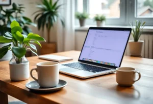 Home office setup for remote work with laptop and plants