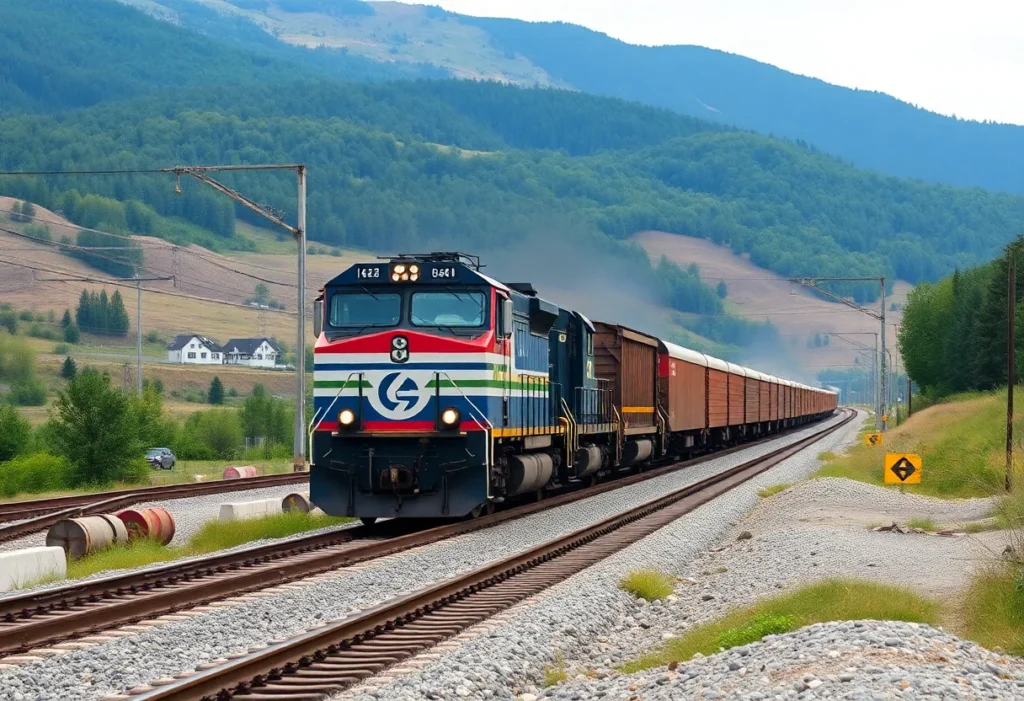 Freight train transporting goods along railroad tracks