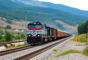 Freight train transporting goods along railroad tracks