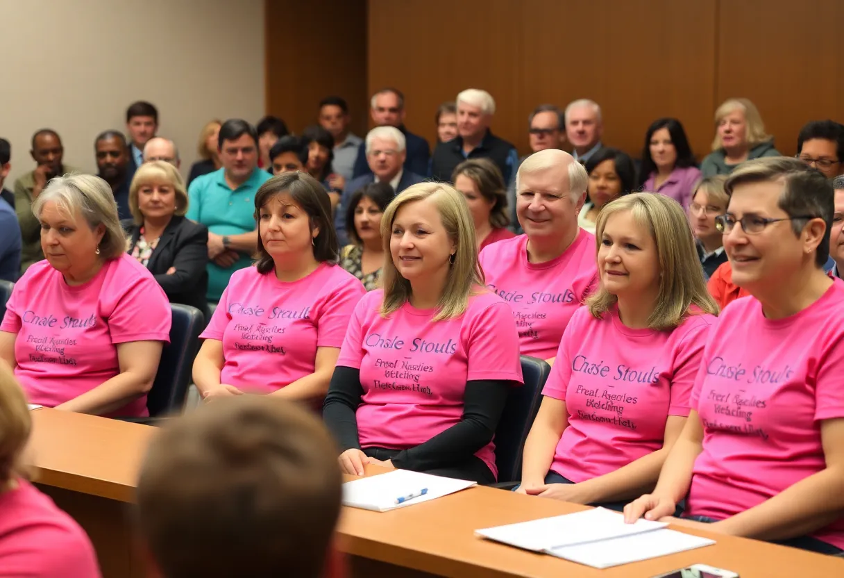 Duval County School Board members in a meeting wearing pink shirts.