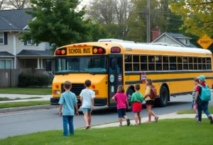 Bus and students at a school bus stop in Duval County.