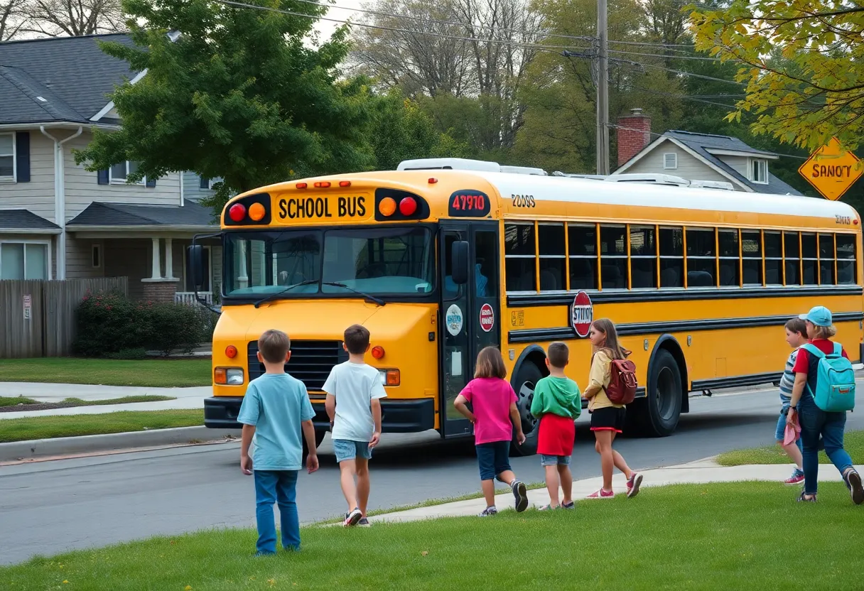 Bus and students at a school bus stop in Duval County.
