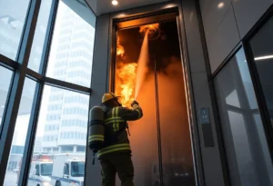 Firefighters responding to a fire emergency at Florida Blue building in Jacksonville.