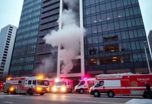 Firefighters responding to a fire in the Florida Blue building's elevator shaft in Jacksonville